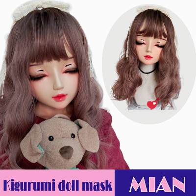 (Mian)Crossdress Sweet Girl Resin Half Head Female Kigurumi Mask With BJD Eyes Cosplay Anime Doll Mask